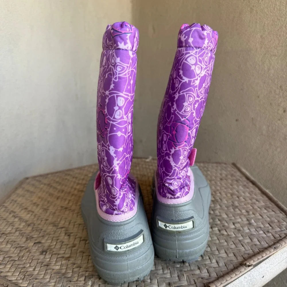 Columbia Powderbug Plus II Snow Boots Purple Pink Owl Print Girls Sz 6 Like New
